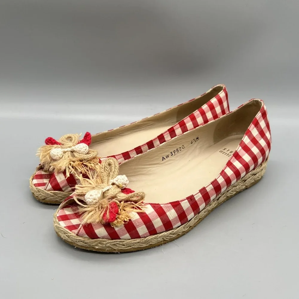 Stuart Weitzman Shoes Womens 6.5 Red Gingham Cotton Espadrille Flats Bow Vtg